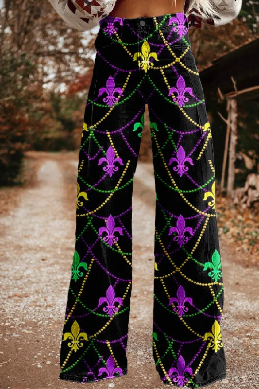 Vintage Mardi Gras Print Wide Leg Trousers Trousers Bestseller Popular