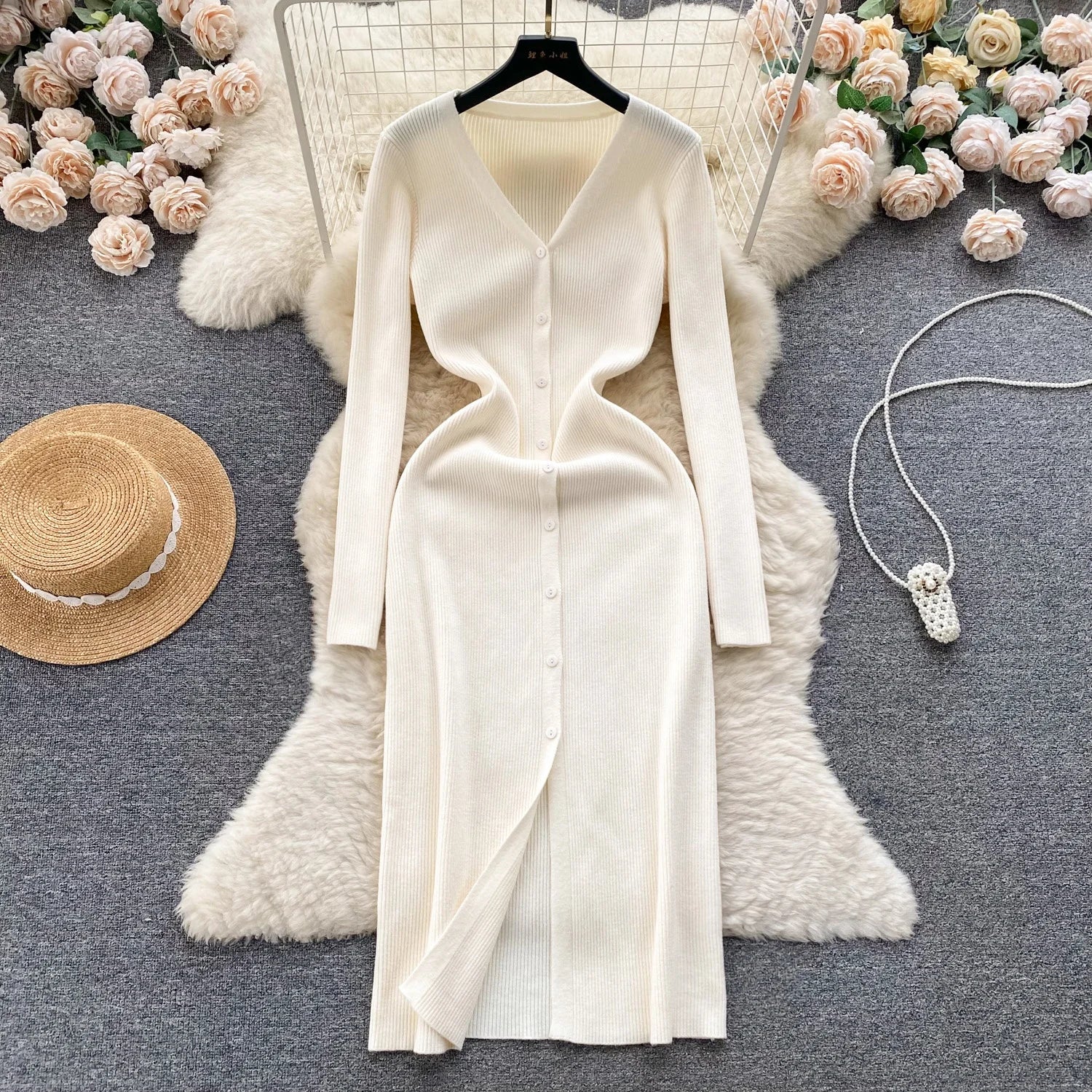 Autumn and Winter Underlay Knitted Dress 2024 New Sweater Skirt Korean Version Elegant High Quality Waist Wrapped Skirt Real Fur Shearling Chenille