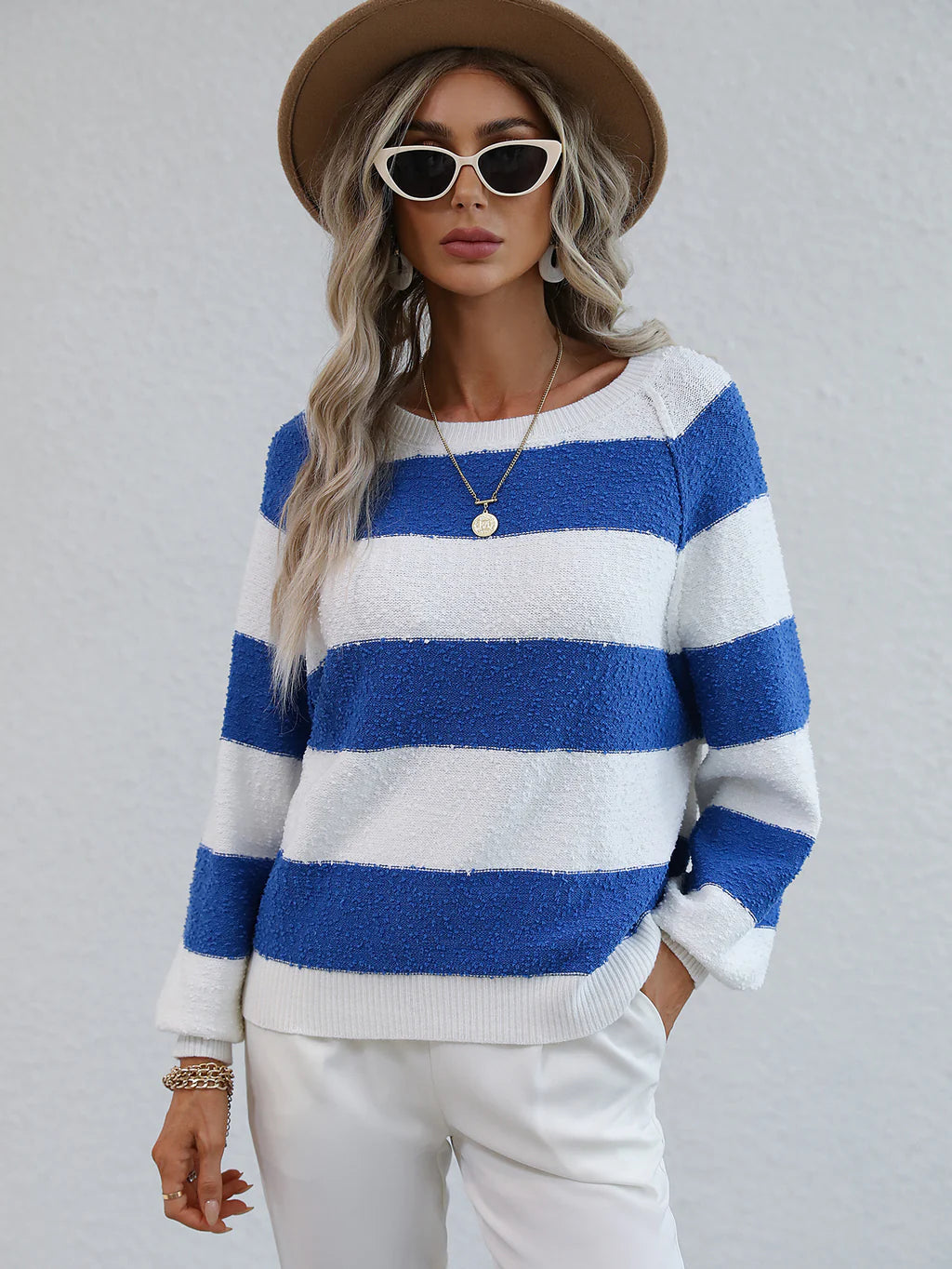 CLASSY SPLICED STRIPED PULLOVER LOOSE SWEATER Honey Neck Pullover