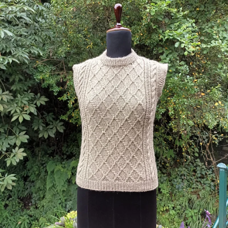 Beige Sleeveless Winter Sweater For Women | Cable Panel Pattern Transparent Opaque Sheer