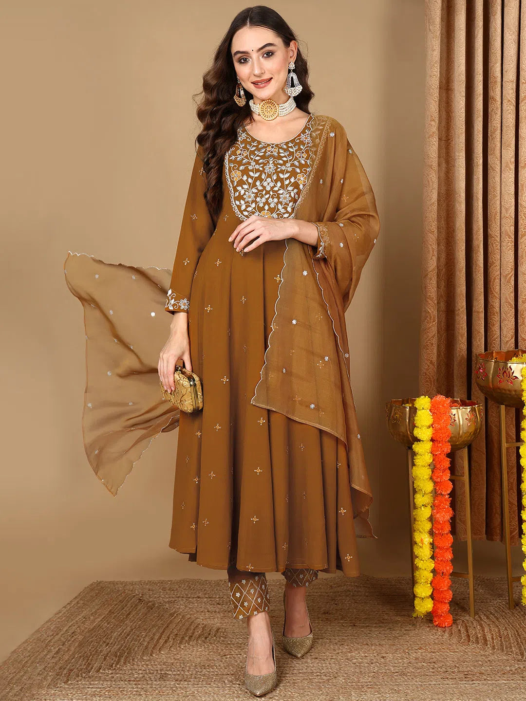 Ahika Women Mustard Georgette Solid Yoke Design Anarkali Kurta Trouser With Dupatta Trousers Essential Wardrobe Ahika Women Mustard Georgette Solid Yoke Design Anarkali Kurta Trouser With Dupatta Trousers Essential Wardrobe