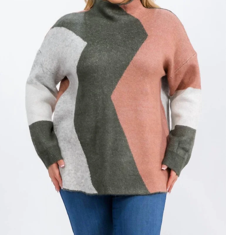 Mock Neck Colorblock Pullover - Plus In Pink/green/gray Leg Sleeve Comfort