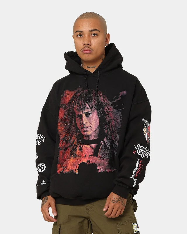 Goat Crew X Stranger Things Eddie Vintage Hoodie Black Wash Hoodie with Set-In Sleeves Structured Classic Goat Crew X Stranger Things Eddie Vintage Hoodie Black Wash Hoodie with Set-In Sleeves Structured Classic