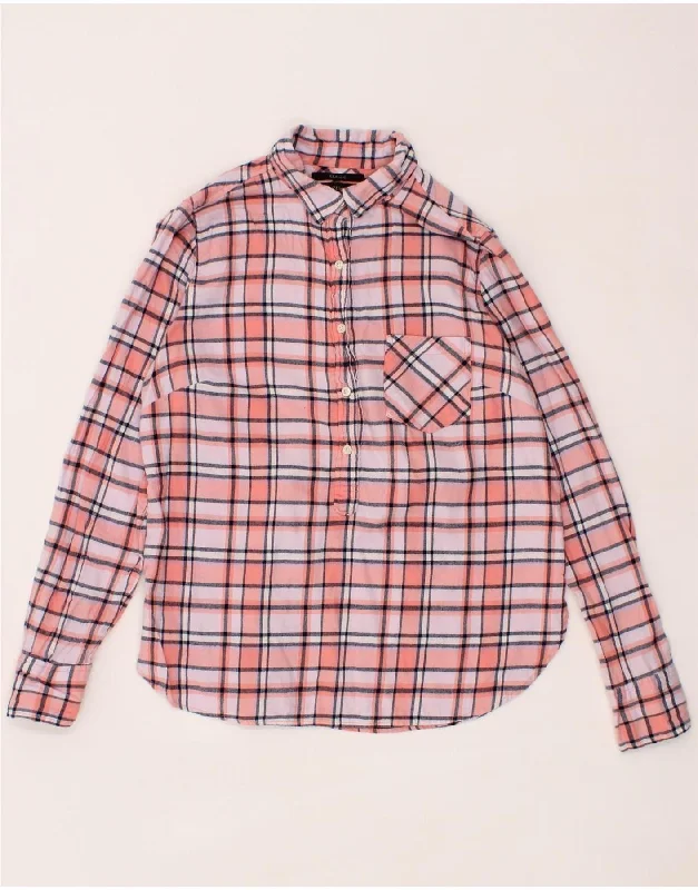 J. CREW Womens Classic Pullover Flannel Shirt US 2 XS Pink Check Cotton Tight Sleeve Top