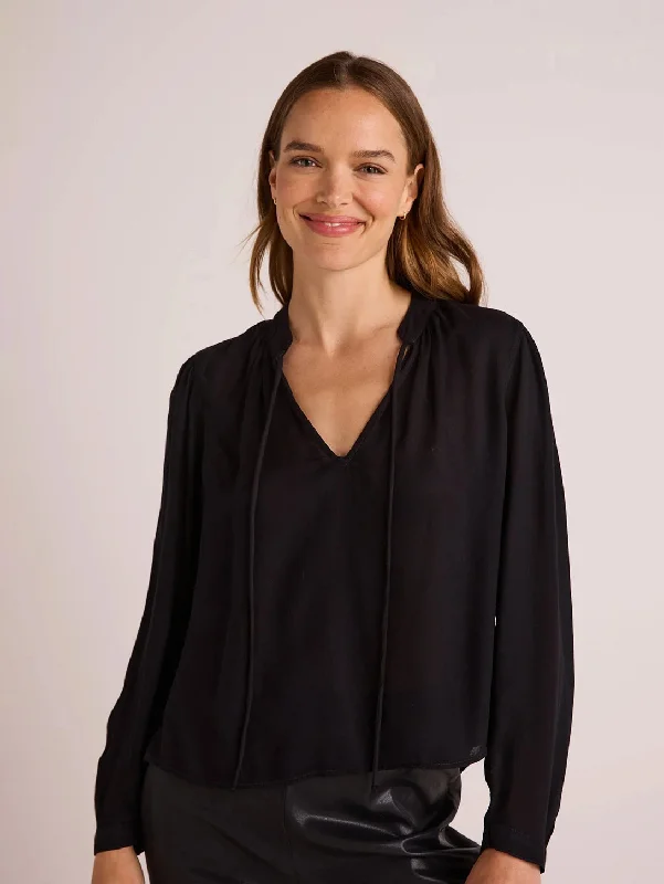 Flowy Tie Neck Pullover - Black Slouchy Comfort Pullover