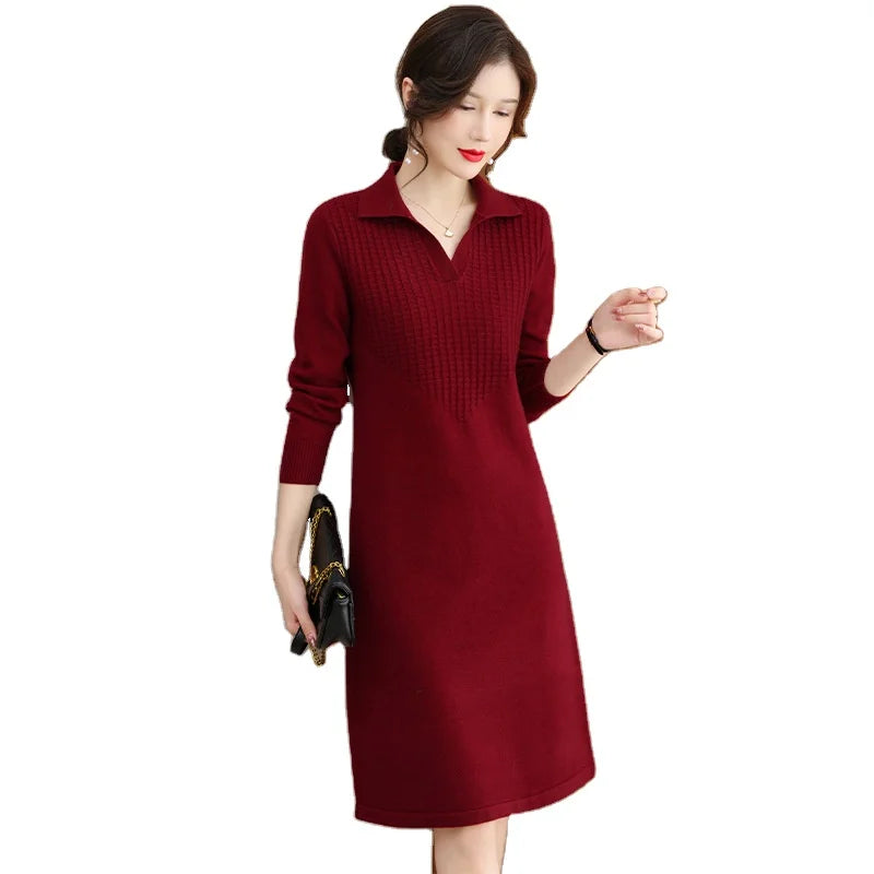 2024 Spring new arrival lady V- neck lapel long sleeve cable knit dress sweater dress Nylon Fabric Polyester Fabric Spandex Fabric