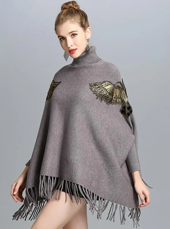 HIGH NECKED TURTLENECK BAT SLEEVE FRINGED KNITTED SHAWL Elegant Wool Shawl Cape