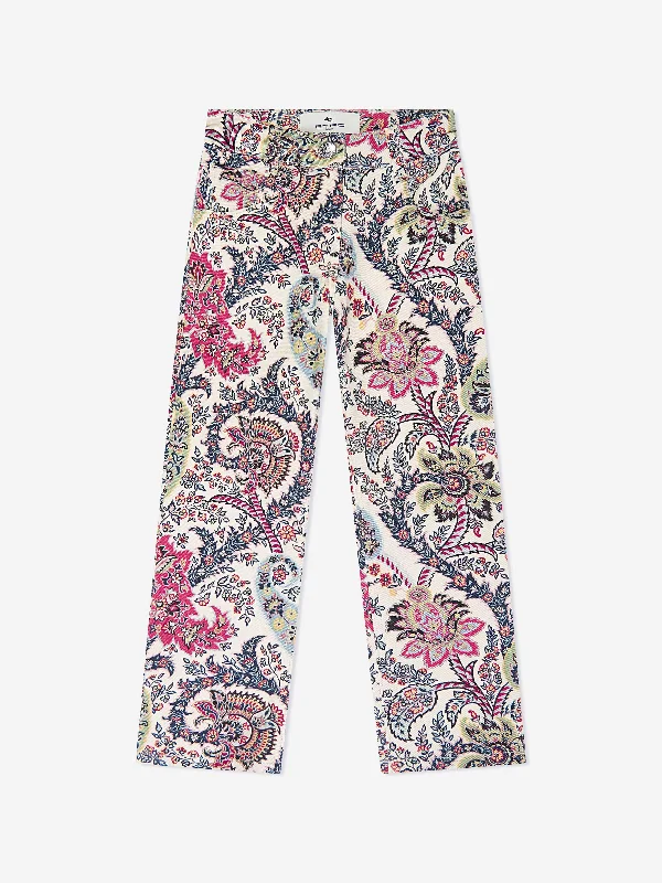 Etro Girls Paisley Print Trousers in Ivory High Waist Slim Fit Ankle Length