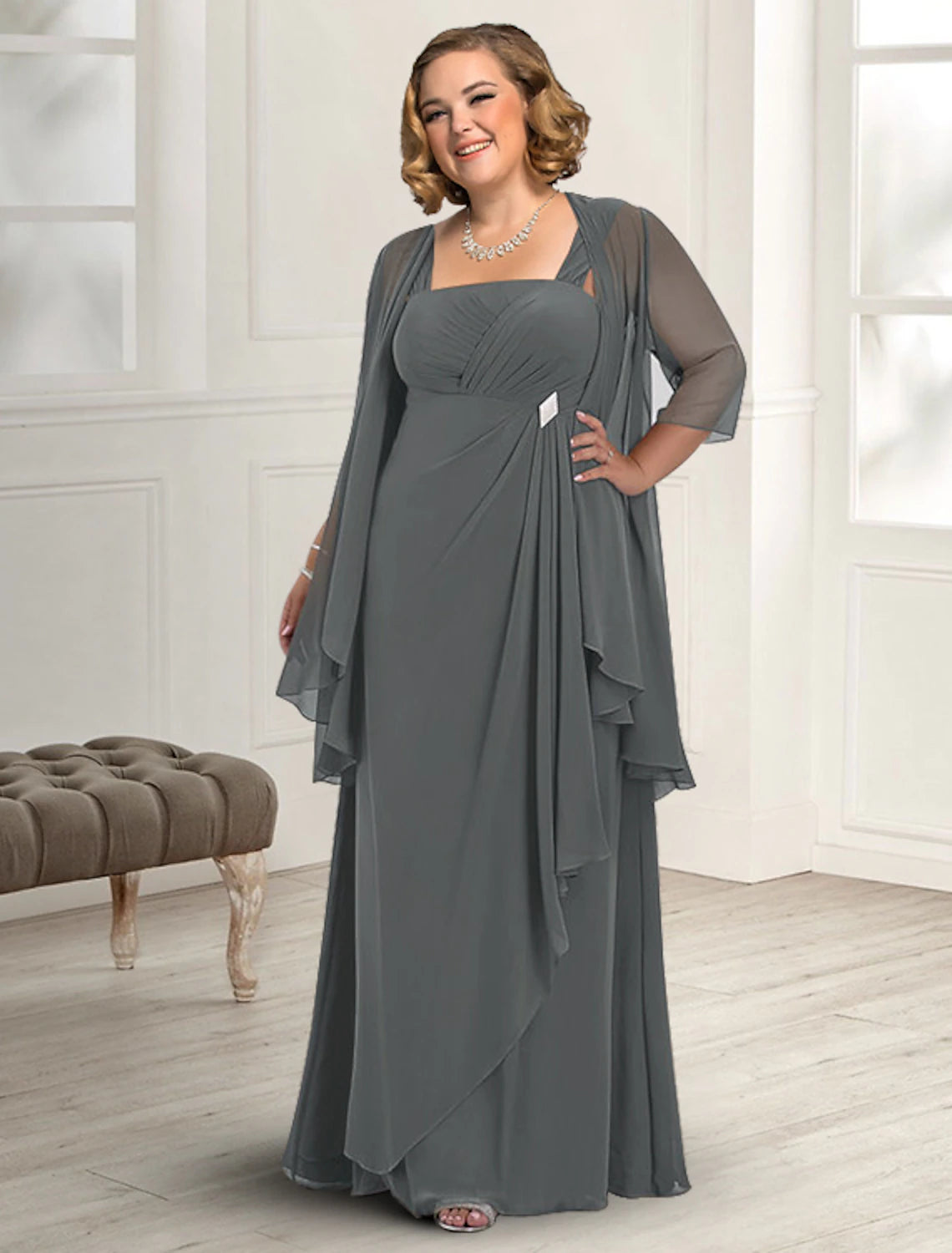 Two Piece A-Line Mother of the Bride Dress Fall Wedding Guest Dresses Plus Size Elegant Square Neck Floor Length Chiffon Sleeveless Jacket Dresses with Pleats Corduroy Jacket Velvet Jacket Brocade Jacket