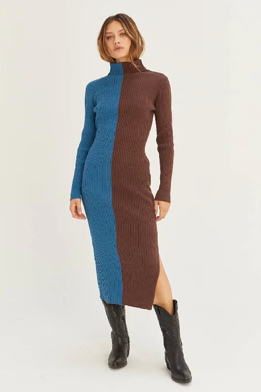 CD8069 - Jodie Colorblock Midi Sweater Dress: BLUE BROWN Polka Dot Checkered Tartan