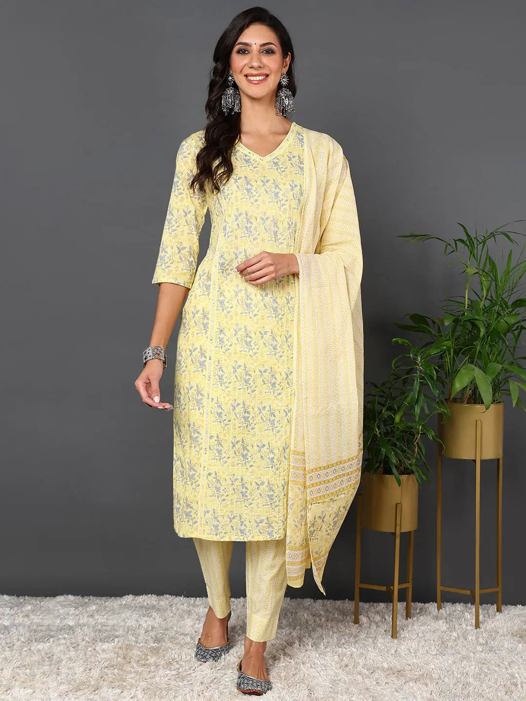 Ahika Women Yellow Pure Cotton Floral Printed Kurta Trouser With Dupatta-VKSKD2008_M Trousers Palazzo Wide Leg Ahika Women Yellow Pure Cotton Floral Printed Kurta Trouser With Dupatta-VKSKD2008_M Trousers Palazzo Wide Leg