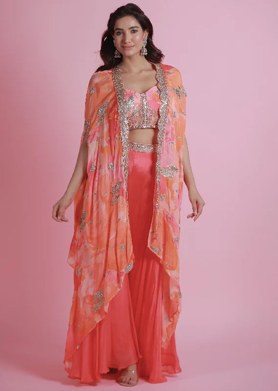 Pink & Orange Chinnon Indo-Western Top and Palazzo Set with Jacket Hooded Jacket Caped Jacket Shawl Collar Jacket Pink & Orange Chinnon Indo-Western Top and Palazzo Set with Jacket Hooded Jacket Caped Jacket Shawl Collar Jacket