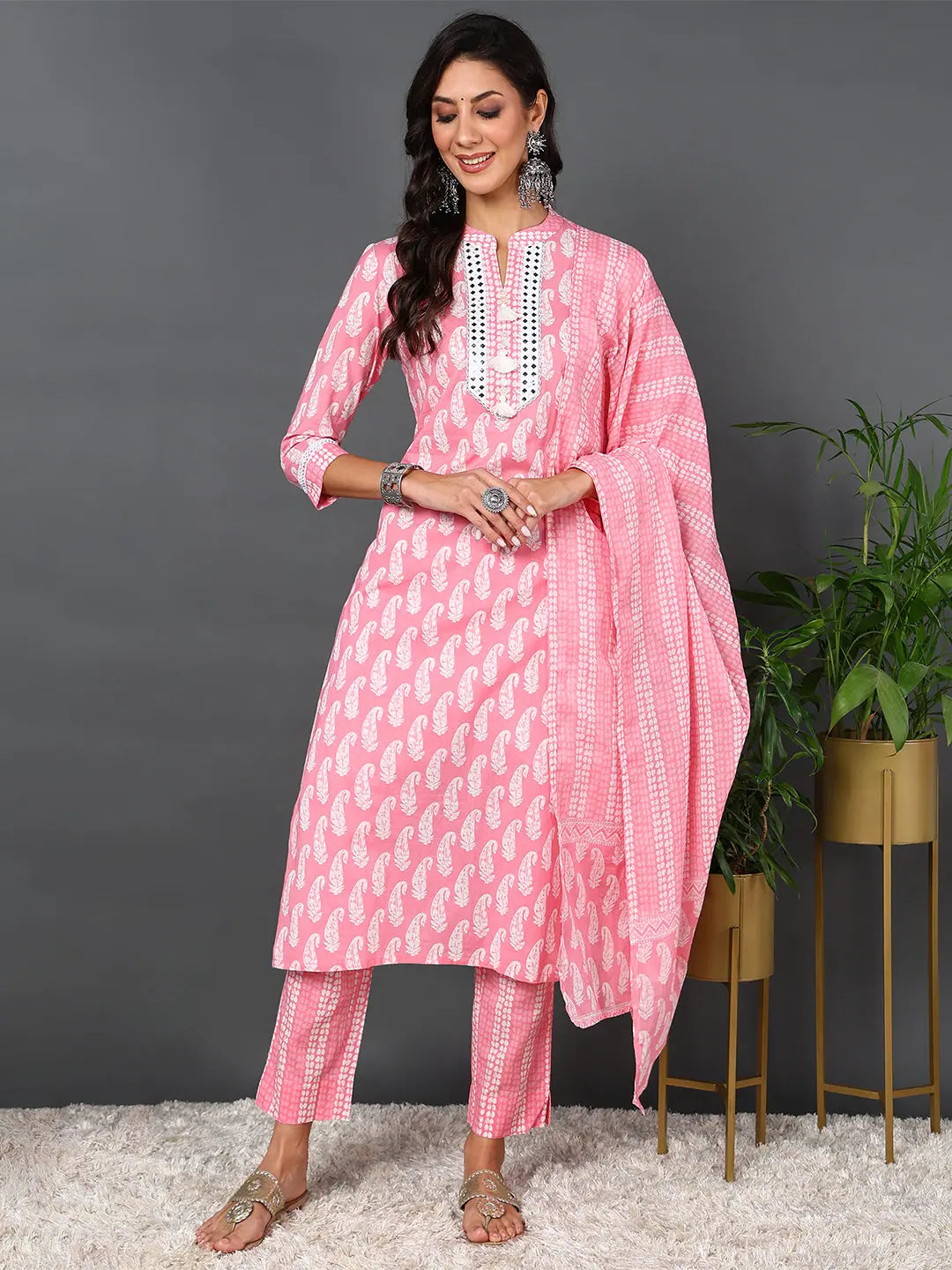 Ahika Women Pink Pure Cotton Paisley Printed Kurta Trouser With Dupatta Trousers Tapered Slim Fit Ahika Women Pink Pure Cotton Paisley Printed Kurta Trouser With Dupatta Trousers Tapered Slim Fit