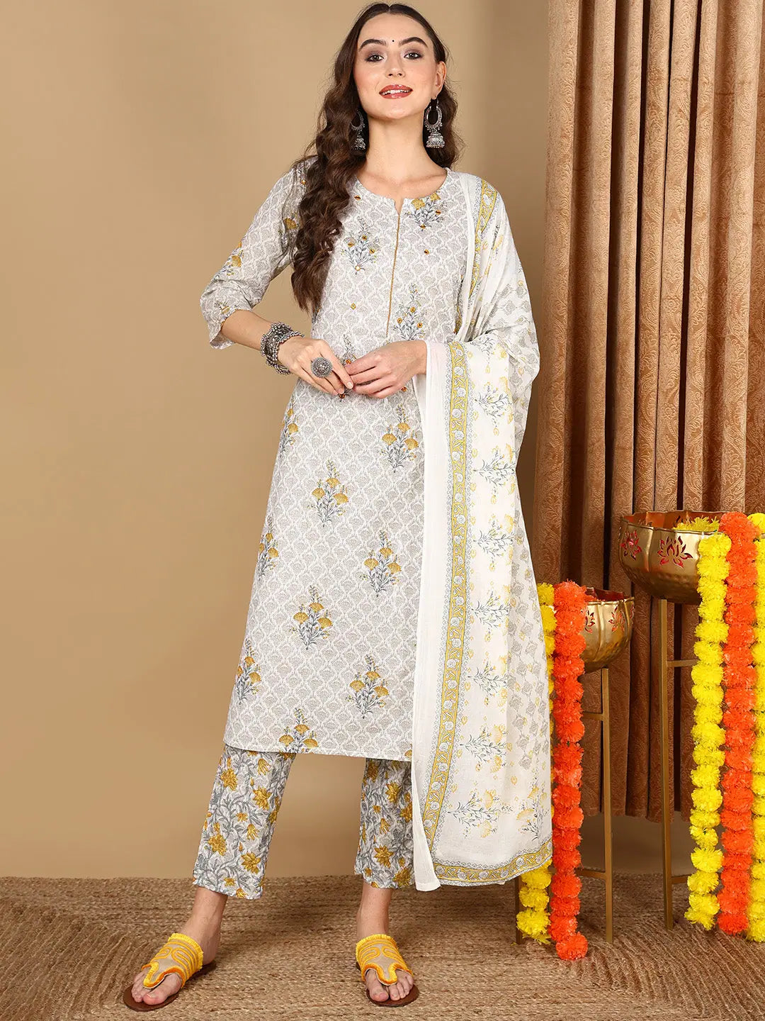 Ahika Women Off White Cotton Ethnic Printed Straight Kurta Trouser With Dupatta Trousers chic elegant Ahika Women Off White Cotton Ethnic Printed Straight Kurta Trouser With Dupatta Trousers chic elegant