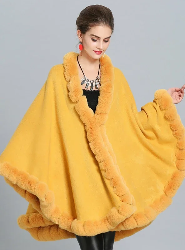 FOX LIKE FUR COLLAR KNITTED CAPE COAT WITH LARGE SHAWL Casual Shawl with Fringes