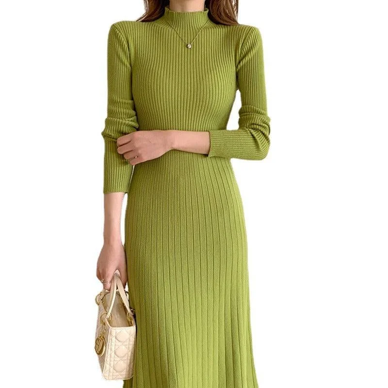 Mid length knee length sweater skirt with a half high collar and a bottom A-line knitted dress for women Cashmere Blend Cotton Blend Poly Blend