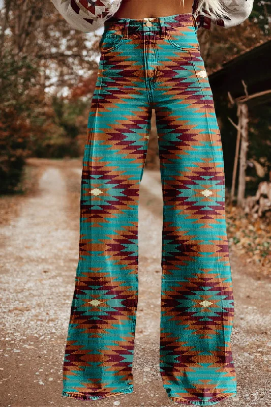 Vintage Western Aztec Print Wide Leg Trousers Trousers Plaid Checkered