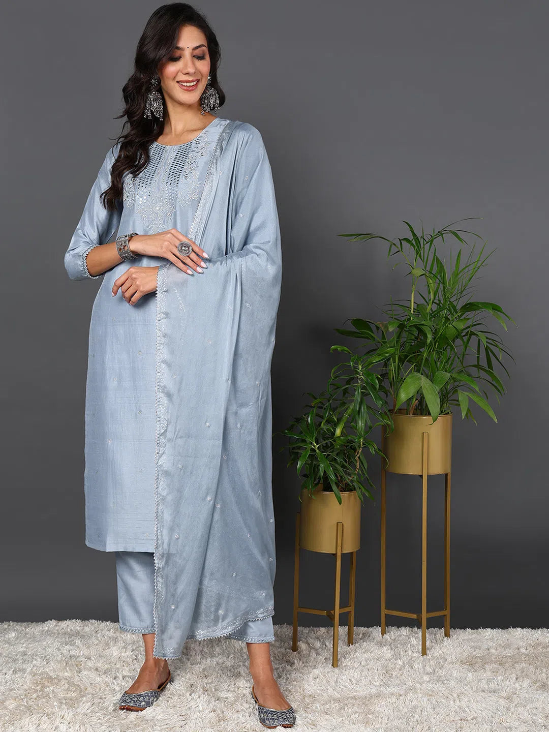 Ahika Women Blue Silk Blend Solid Embroidered Kurta Trouser With Dupatta-PKSKD2017_S Trousers stylish modern Ahika Women Blue Silk Blend Solid Embroidered Kurta Trouser With Dupatta-PKSKD2017_S Trousers stylish modern