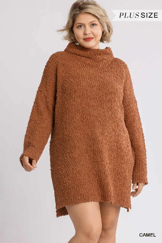 High Cowl Neck Bouclé Long Sleeve Sweater Dress in Camel Mesh Sweater Canvas Denim