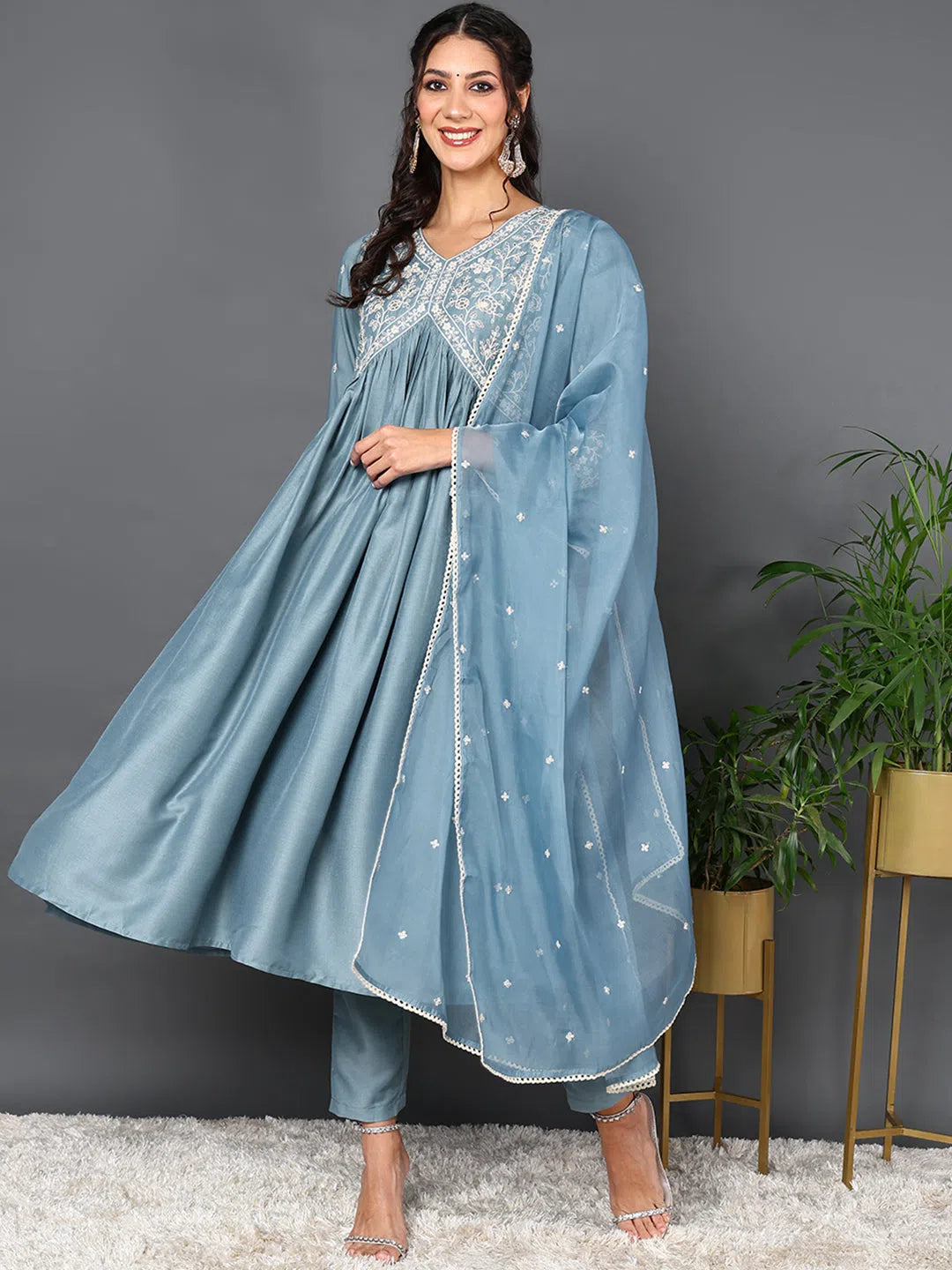 Ahika Women Blue Silk Blend Solid Embroidered Kurta Trouser With Dupatta-PKSKD2013_S High Waist Slim Fit Ankle Length Ahika Women Blue Silk Blend Solid Embroidered Kurta Trouser With Dupatta-PKSKD2013_S High Waist Slim Fit Ankle Length