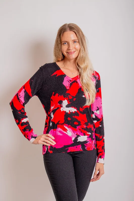 Pink/ Black Floral V-Neck Sweater Print Jacquard Patchwork