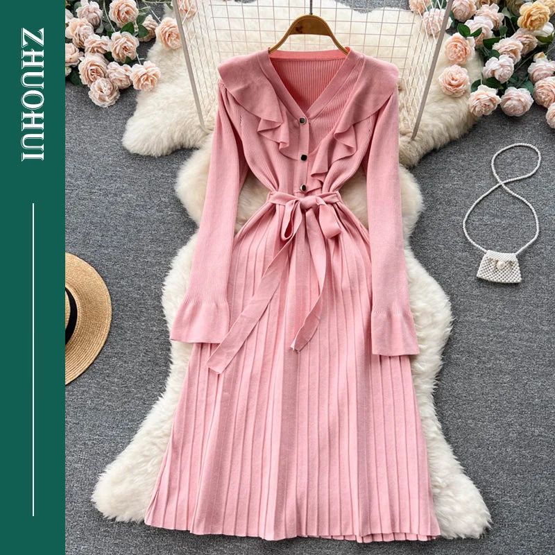 Sweet Pink V Neck Ruched Bandage Knit Dresses Women Lady Elegant Pleated Knitting Sweater A-Line Dress Herringbone Houndstooth Plaid