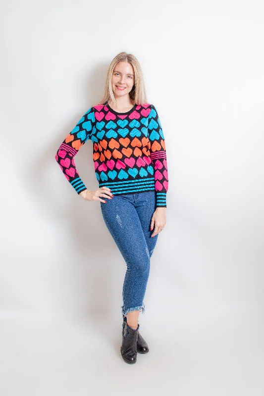 Multicolor Heart Print Sweater Silk Blend Satin Velvet