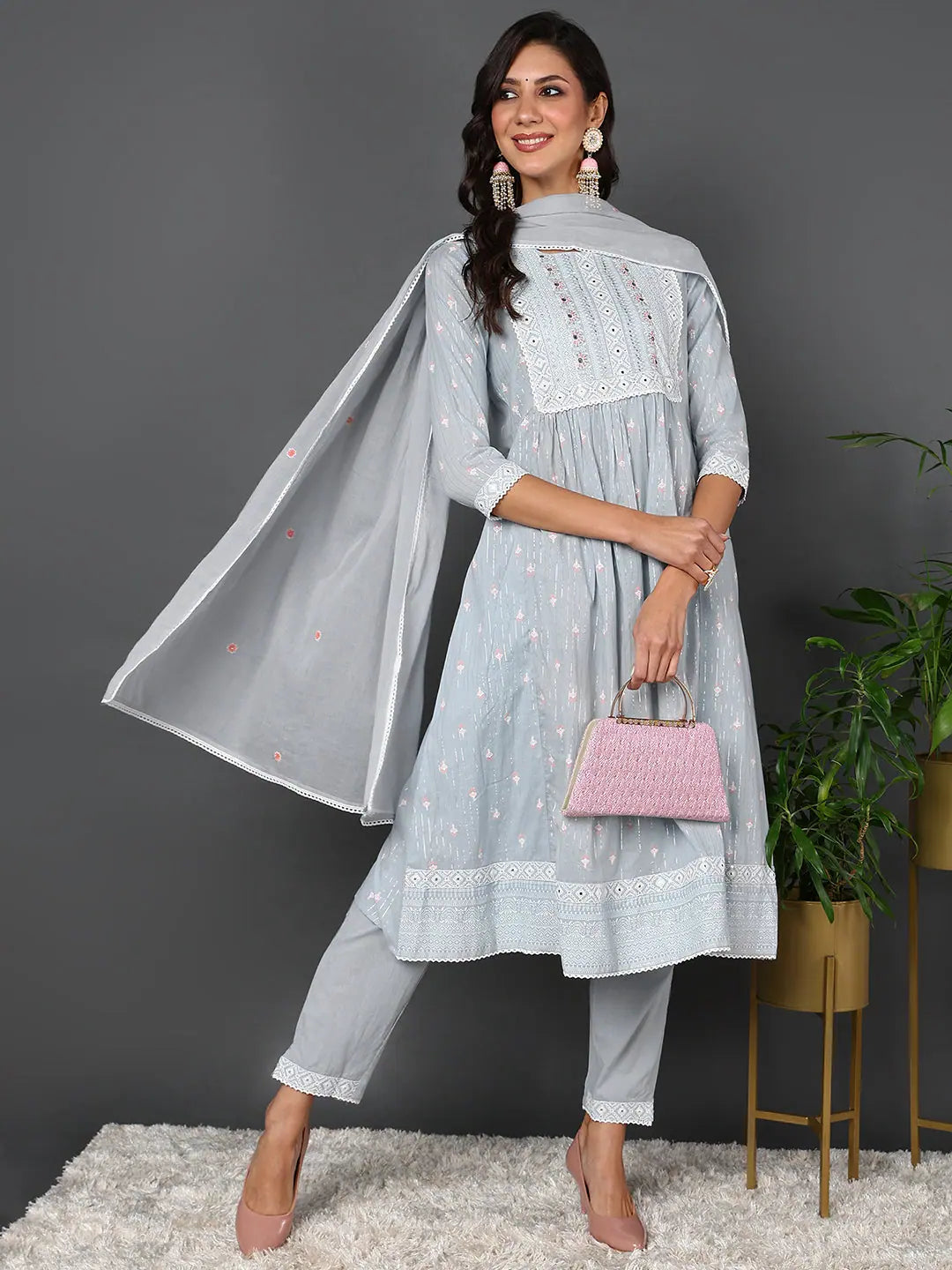Ahika Women Blue Pure Cotton Ethnic Motifs Printed Kurta Trouser With Dupatta Trousers Harem Relaxed Fit Ahika Women Blue Pure Cotton Ethnic Motifs Printed Kurta Trouser With Dupatta Trousers Harem Relaxed Fit