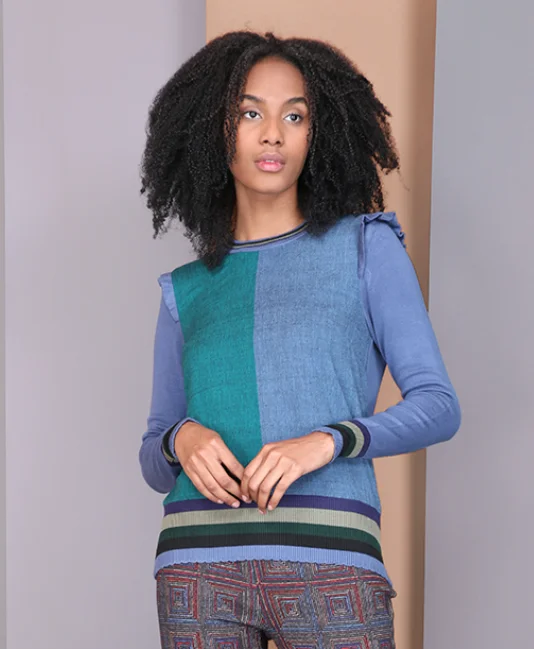 "Fenita" Blue/ Green Sweater Top Fitted Loose Oversized