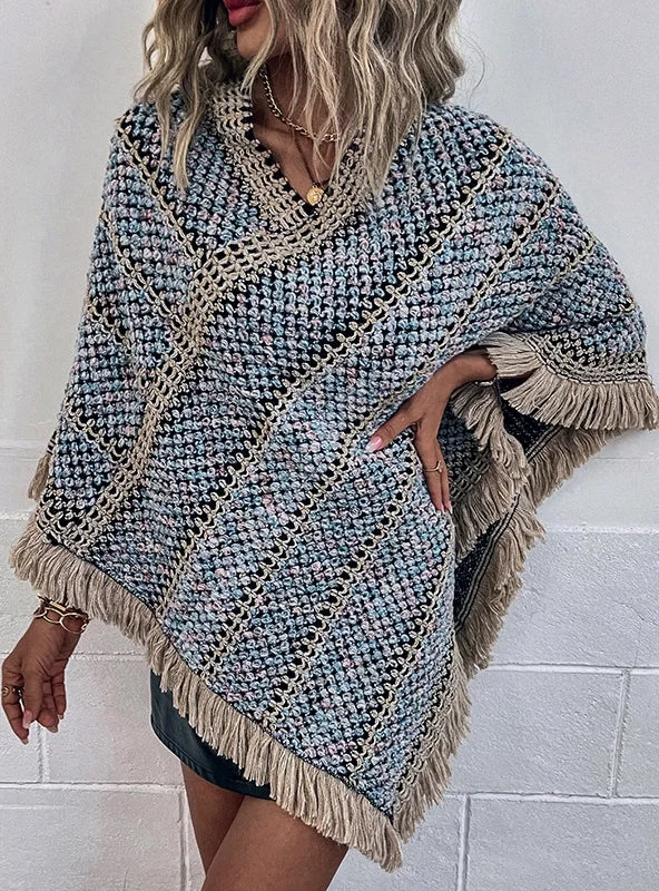 CONTRAST STRIPED FRINGED PULLOVER CAPE SHAWL Trendy Bohemian Shawl Cape