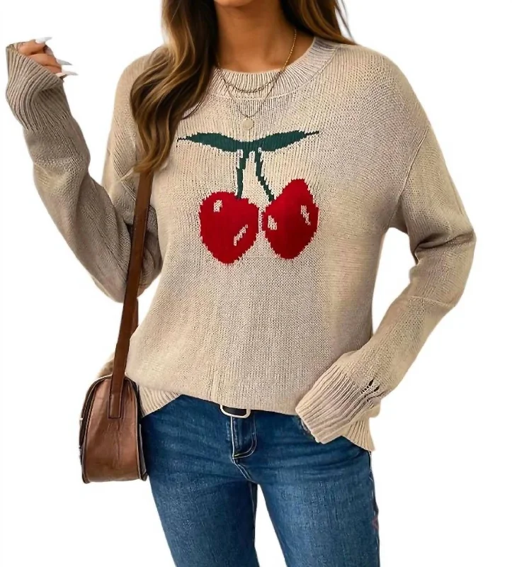 Cherries Crewneck Pullover Distressed Sweater In Khaki High Neck Pullover