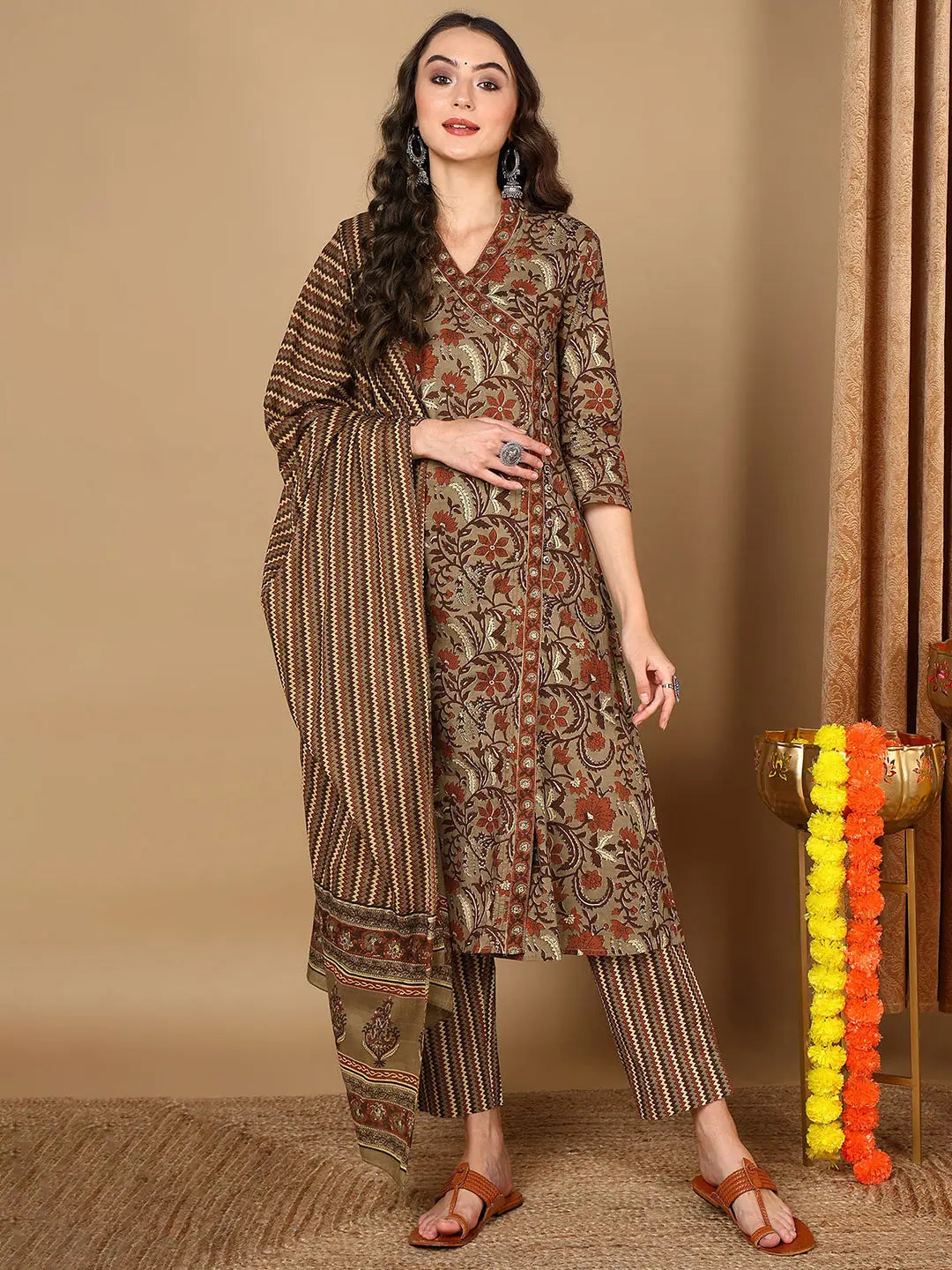 Ahika Women Taupe Cotton Floral Printed Anarkali Kurta Trouser With Dupatta Trousers sophisticated sleek Ahika Women Taupe Cotton Floral Printed Anarkali Kurta Trouser With Dupatta Trousers sophisticated sleek