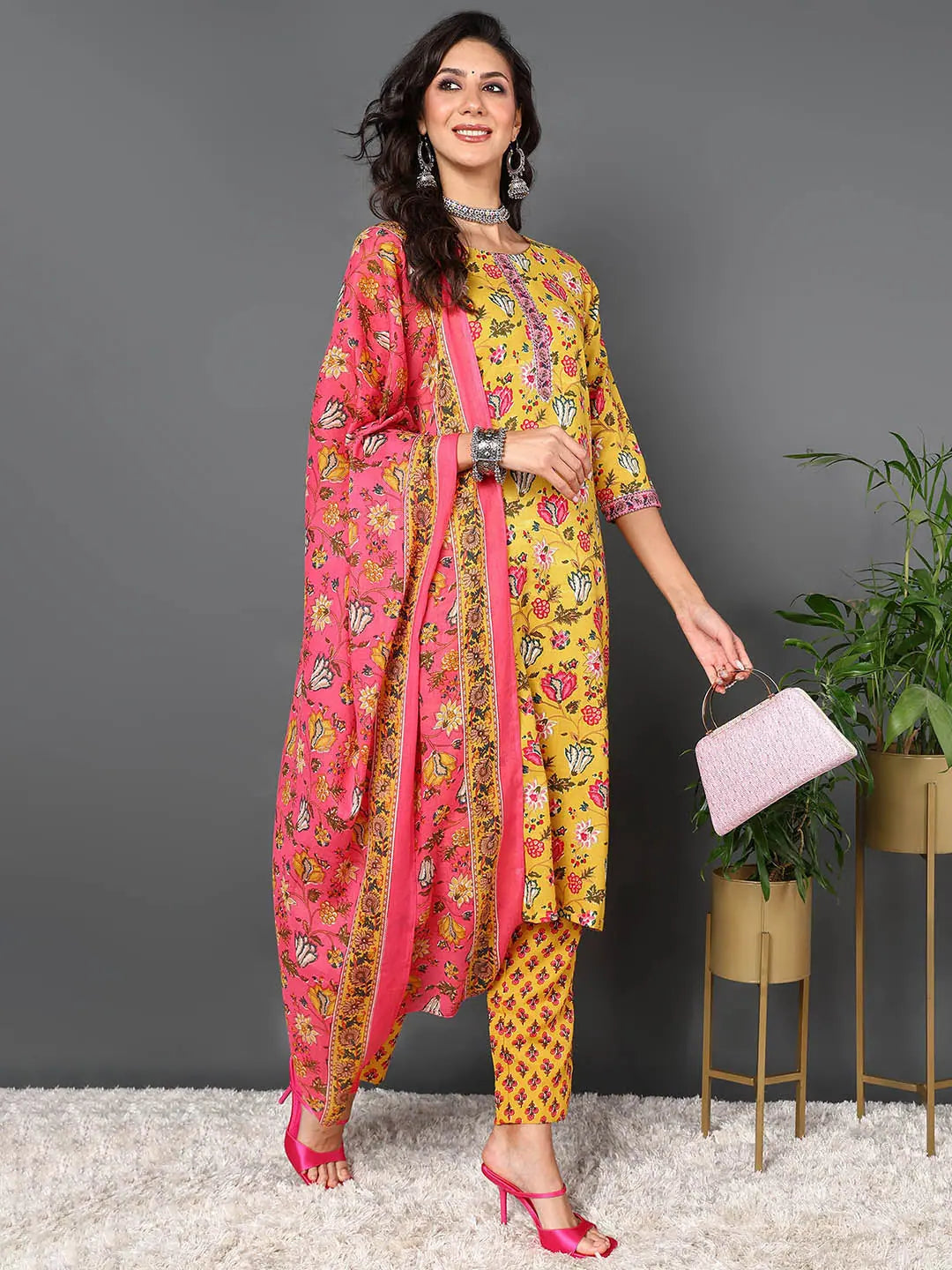 Ahika Women Yellow Cotton Blend Floral Printed Kurta Trouser With Dupatta Trousers Bootcut Casual Ahika Women Yellow Cotton Blend Floral Printed Kurta Trouser With Dupatta Trousers Bootcut Casual