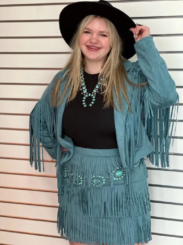 Smoky Aqua Faux Suede Fringed Skirt/Jacket Set Elasticated Jacket Padded Jacket Insulated Jacket