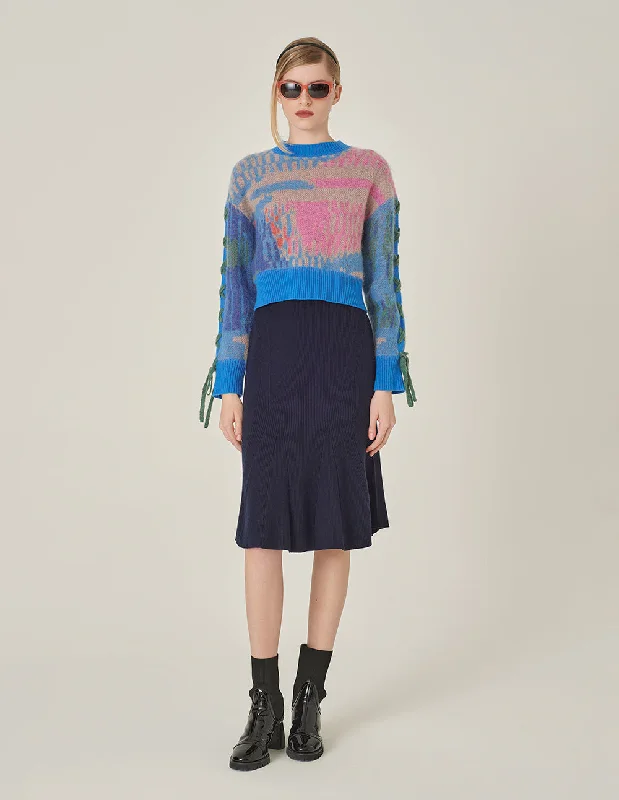 MARYLING Color Block Long-Sleeve Jacquard Knitted Cropped Pullover Port Neck Pullover MARYLING Color Block Long-Sleeve Jacquard Knitted Cropped Pullover Port Neck Pullover