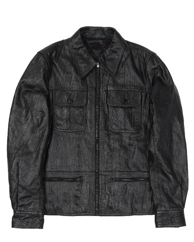 Noir 04 Leather Zip-Up Trucker Jacket Hooded Jacket Caped Jacket Shawl Collar Jacket