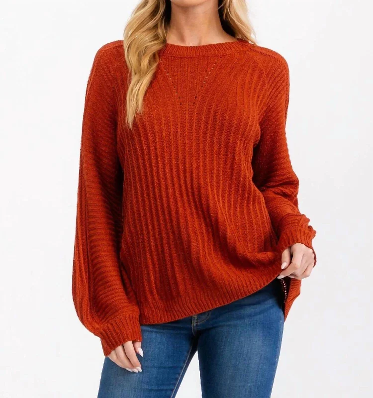 Long Balloon Sleeve Pullover In Rust Ruffled Neck Pullover