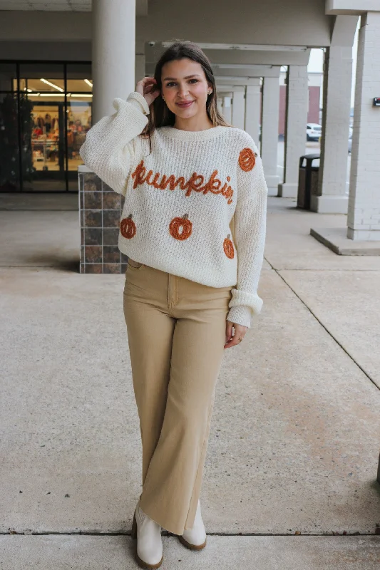 Pumpkin Yarn Oatmeal Sweater Solid Print Embellished