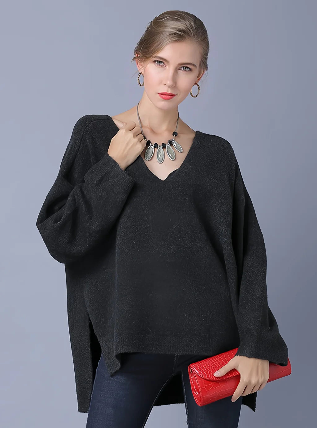 CLASSY LONG SLEEVE V-NECK SOLID COLOR PULLOVER SWEATER Saggy Sleeve Comfort