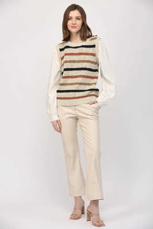 Taupe & Off White Attached Cotton Poplin Shirt & Striped Sweater Vest Hooded Sweater Collared Sweater Shawl Collar