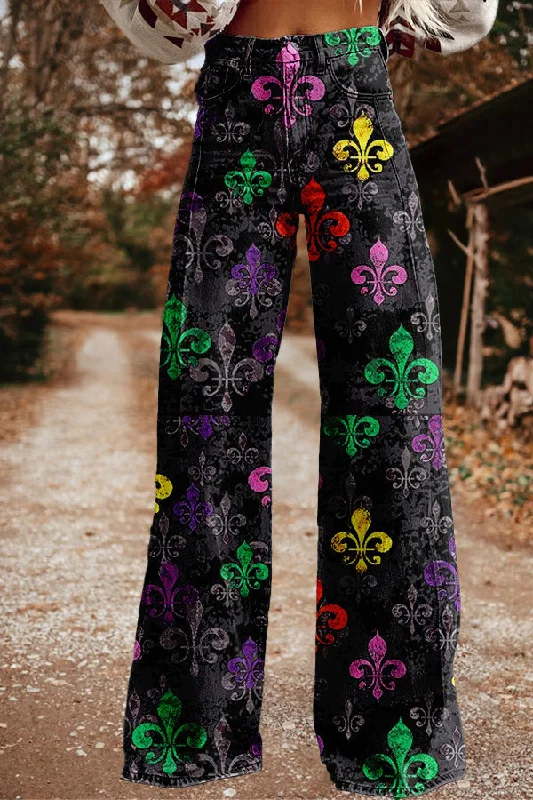 Vintage Mardi Gras Print Wide Leg Trousers Trousers Fall Fleece