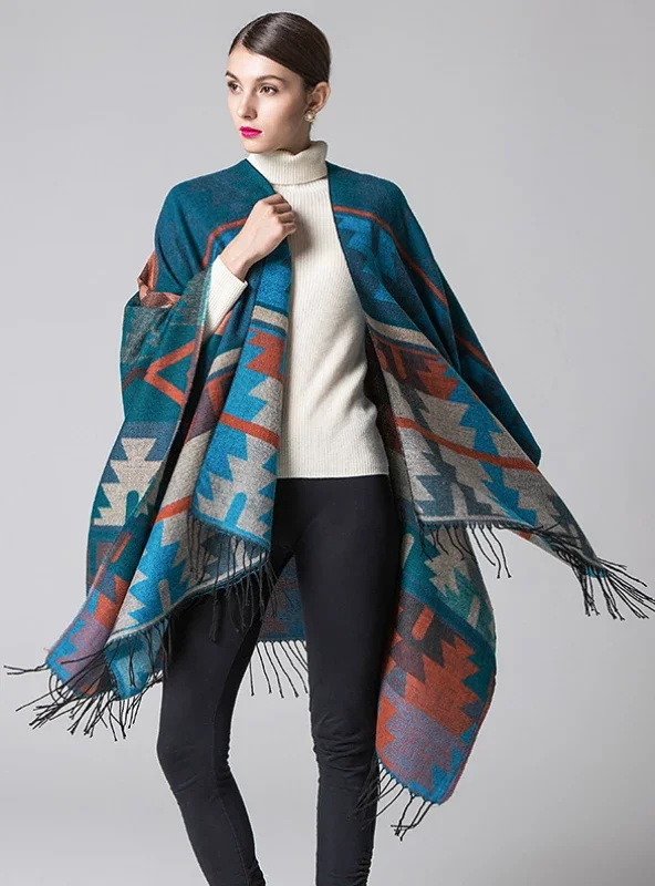 GEOMETRIC RHOMBIC LENGTHENED CAPE WITH SPLIT SHAWL Elegant Lace Shawl Wrap