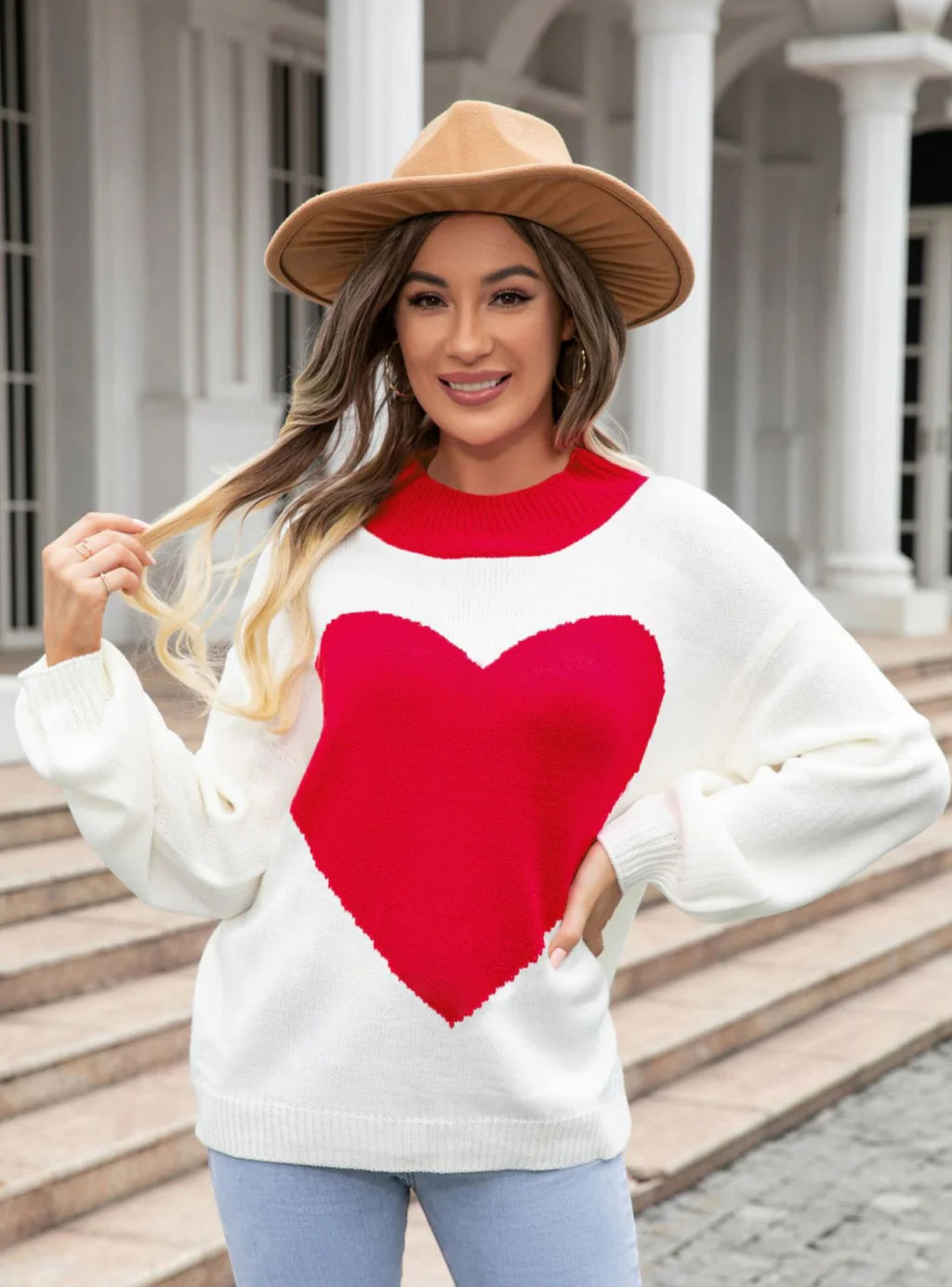 Heart Round Neck Knitted Pullover Sweater dolman Sleeve Top