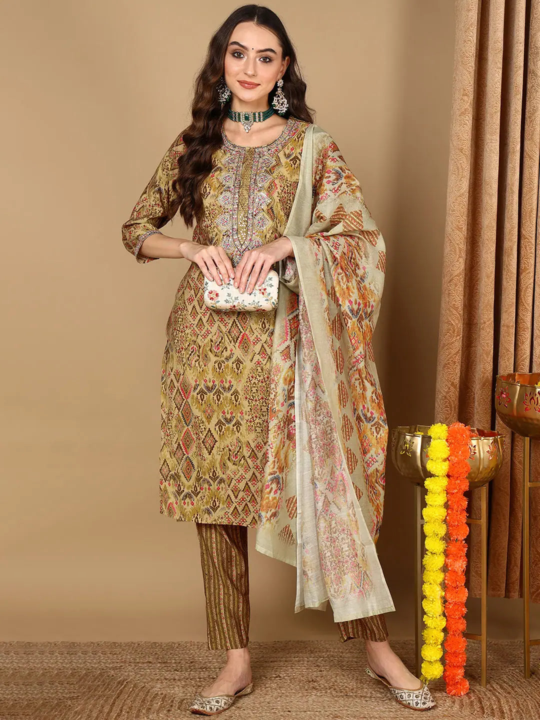 Ahika Women Mustard Cotton Geometric Printed Embroidered Straight Kurta Trouser With Dupatta Trousers practical easy-care Ahika Women Mustard Cotton Geometric Printed Embroidered Straight Kurta Trouser With Dupatta Trousers practical easy-care