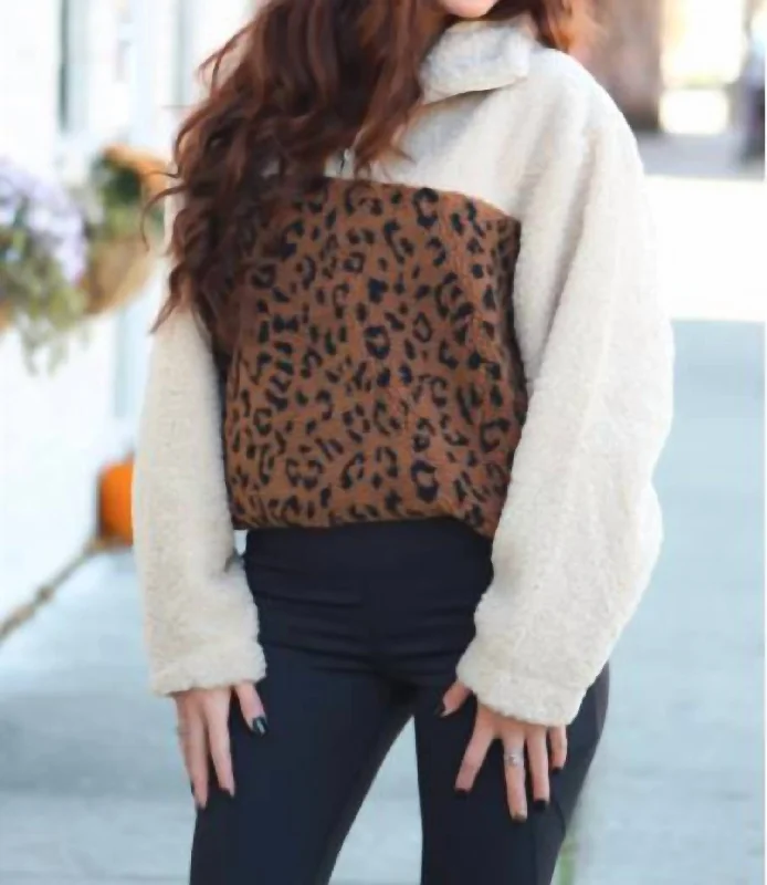 Leopard Sherpa Pullover In Cream Brown Bardot Neck Top