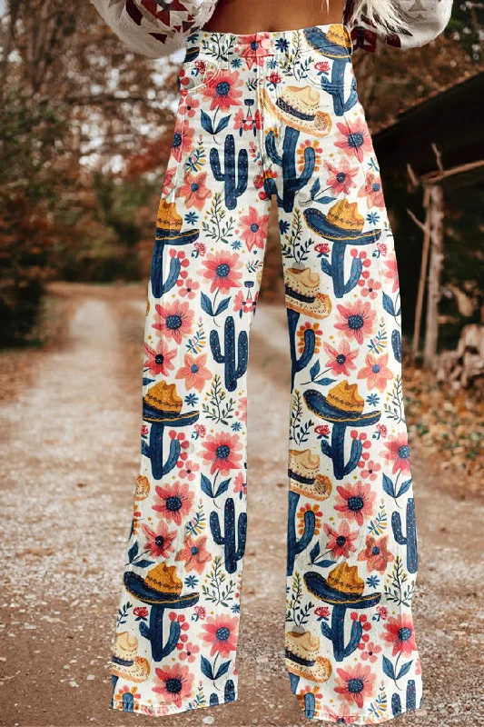 Vintage Western Cactus Print Wide Leg Trousers Trousers Solid Black