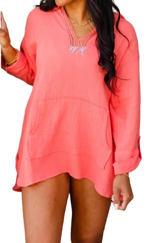 Beach Bonfire Pullover Hoodie In Coral Solo Sleeve Pullover