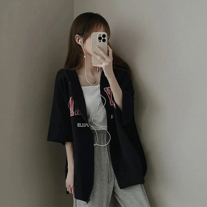 IKEARLAXManufacturer short-sleeved black sweater women's  spring and summer Korean version sports loose hoodie zipper cardigan niche design sense Hoodie with Cropped Fit Short Trendy