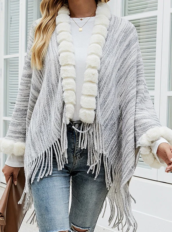 FRINGE SHAWL FUR COLLAR CARDIGAN COAT Comfortable Pashmina Shawl