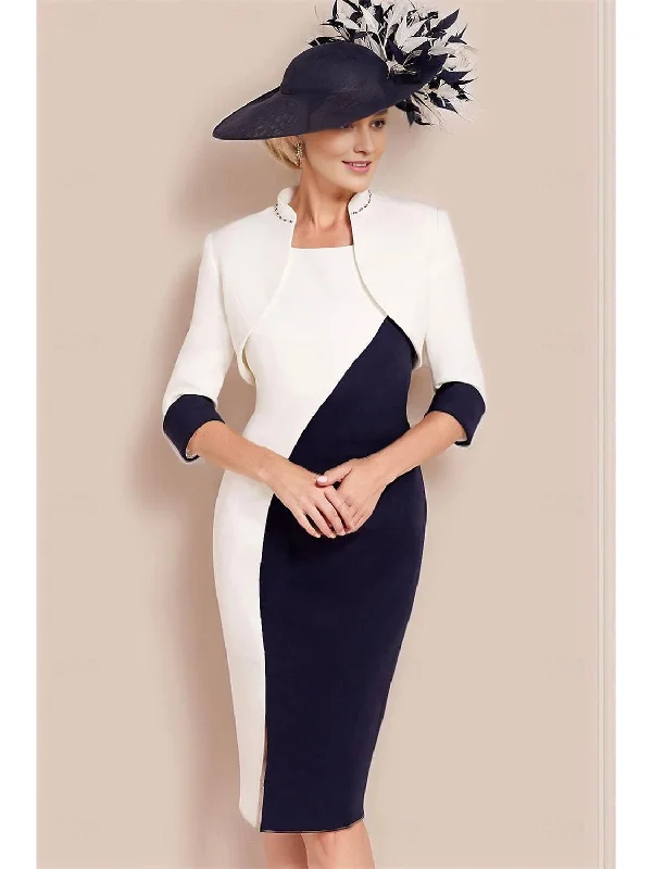 Two Piece Sheath/Column Knee-Length Jewel Neck Short Sleeve Mother of the Bride Dress with Jacket One-Shoulder Jacket Off-the-Shoulder Jacket Asymmetrical Jacket Two Piece Sheath/Column Knee-Length Jewel Neck Short Sleeve Mother of the Bride Dress with Jacket One-Shoulder Jacket Off-the-Shoulder Jacket Asymmetrical Jacket
